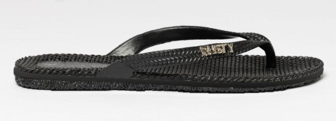 Rusty Flip Out Women's Thongs showing one thong from the side in black 2 colourway