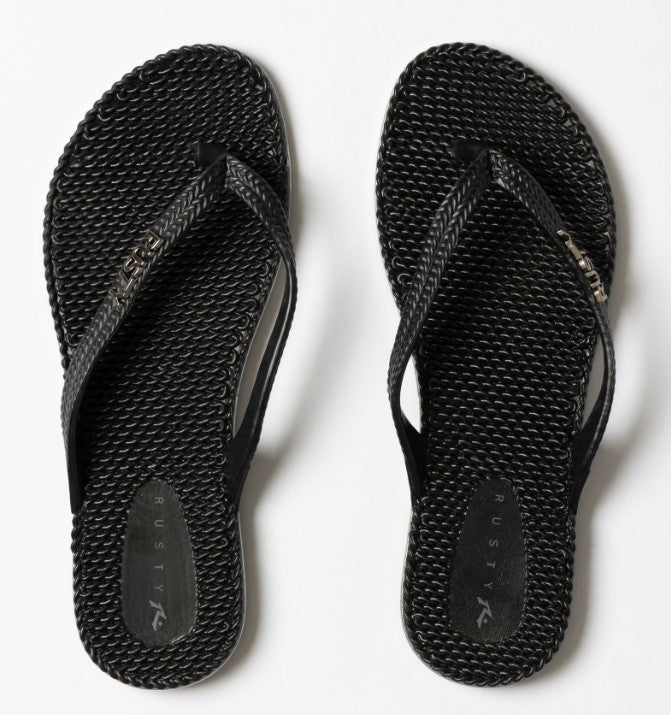 Rusty Flip Out Women's Thongs in black 2 colourway showing a pair from above