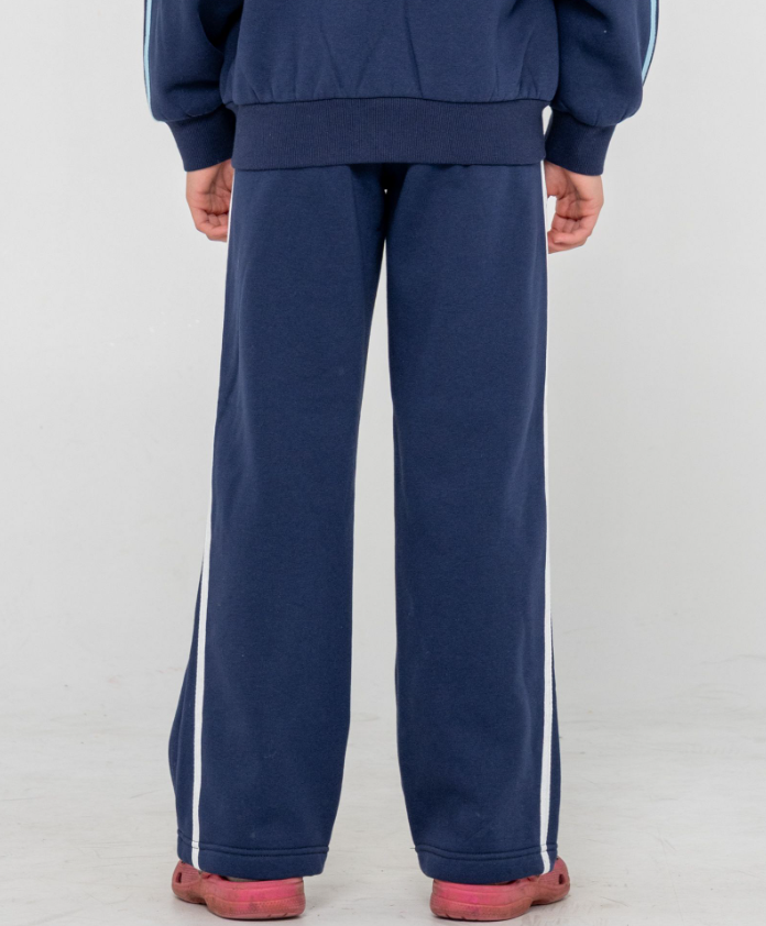 Rusty Girls Team Varsity Wide Leg Jogger Pants in navy with blue and white stripes from rear
