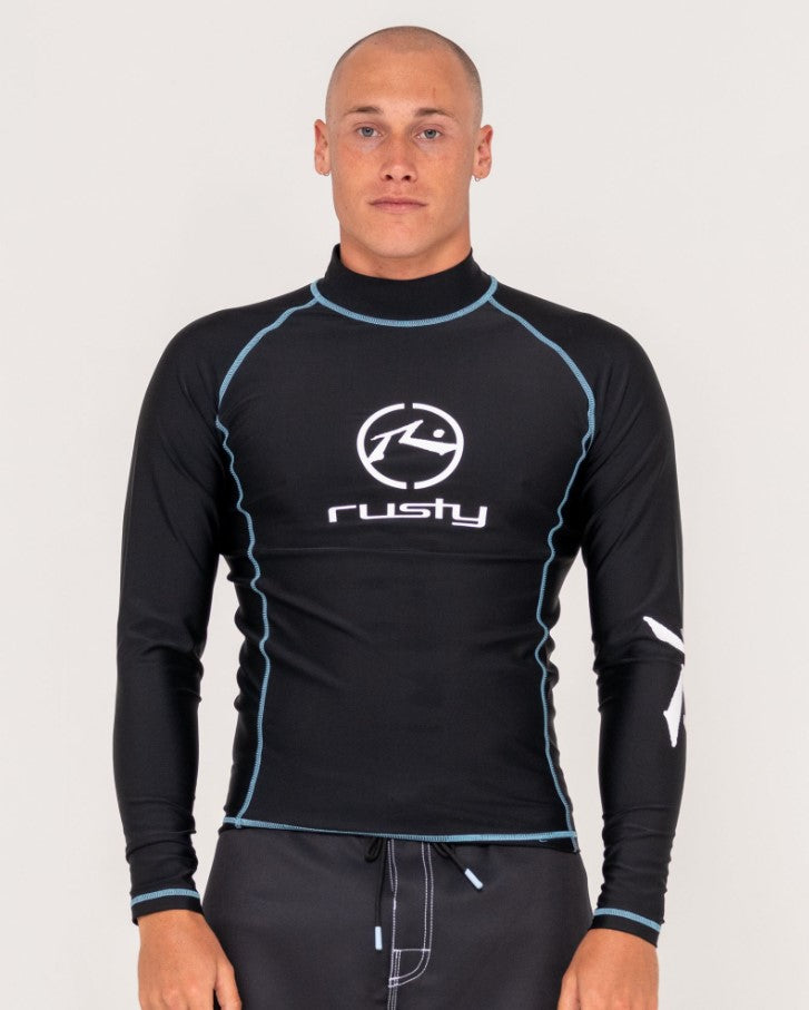 Rusty Gnaraloo Long Sleeve Rash Top in black with light blue contrast stitching and white printing