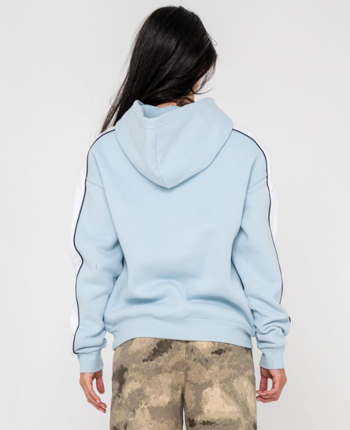 Rusty Hailstone Oversized Hooded Fleece in retro blue on model from rear