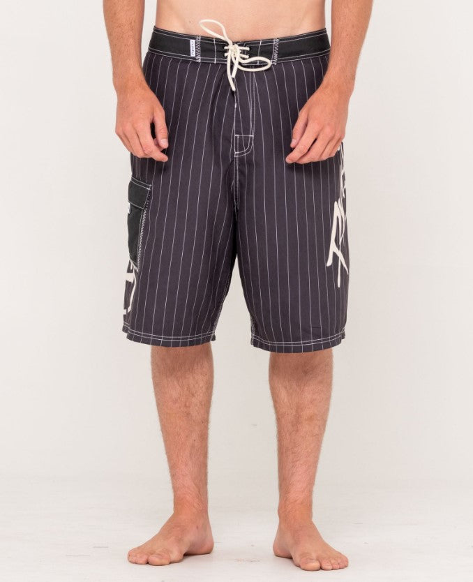 Rusty Hoodus Fixed Waist 23" Boardshorts in carbon pinstripe from front