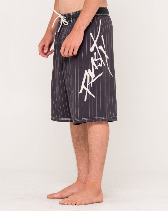 Rusty Hoodus Fixed Waist 23" Boardshorts in carbon pinstripe from side