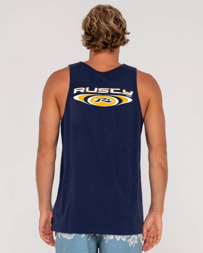 Rusty Irie Eye Tank in navy blue from rear