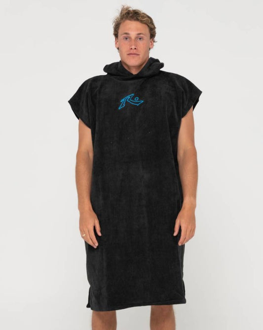 Rusty Just Surfing Hooded Change Towel in black with blue embroidery