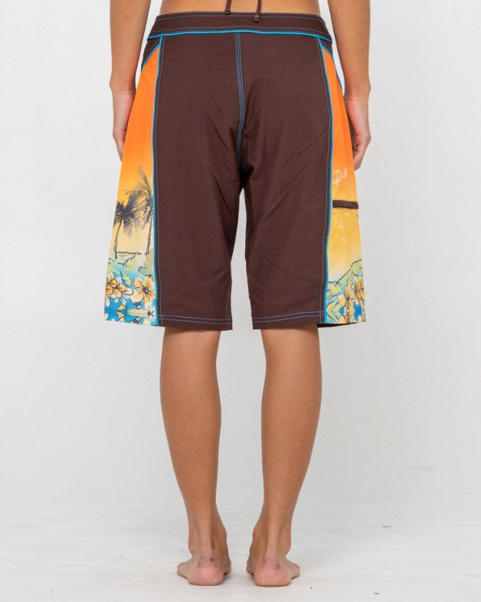 Rusty La Cabana Low Rise Long Womens Boardshorts in java colourway from rear