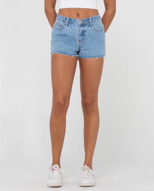 Rusty Malta Low Rise Denim Shorts in blue lagoon from front