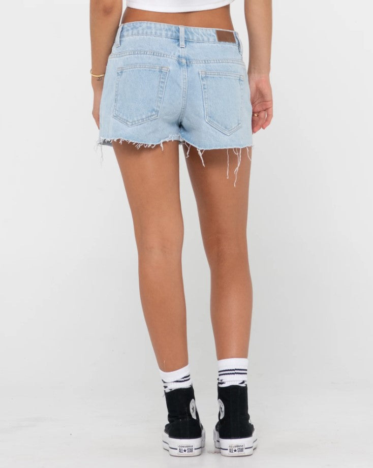 Rusty Malta Low Rise Denim Shorts in sky blue heather from back
