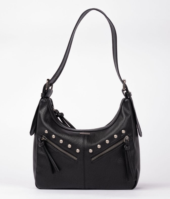 Rusty Melrose Handbag in black standing along with white background