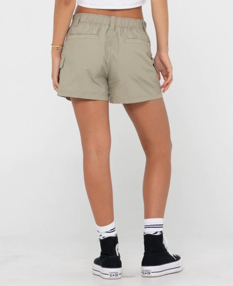 Rusty Milly Mid Rise Cargo Shorts in fig green from back