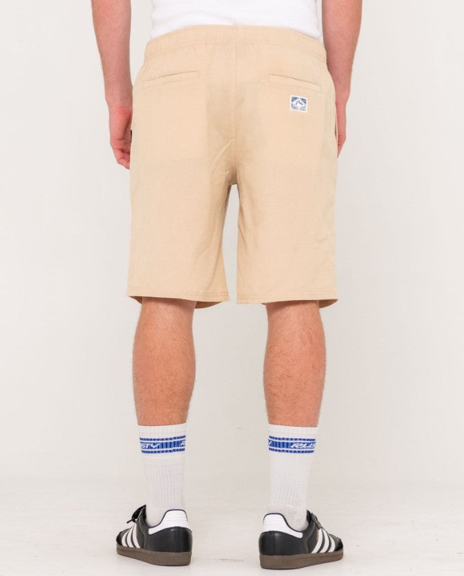 Rusty Overtone Linen Elastic Walkshorts in light fennel from the rear