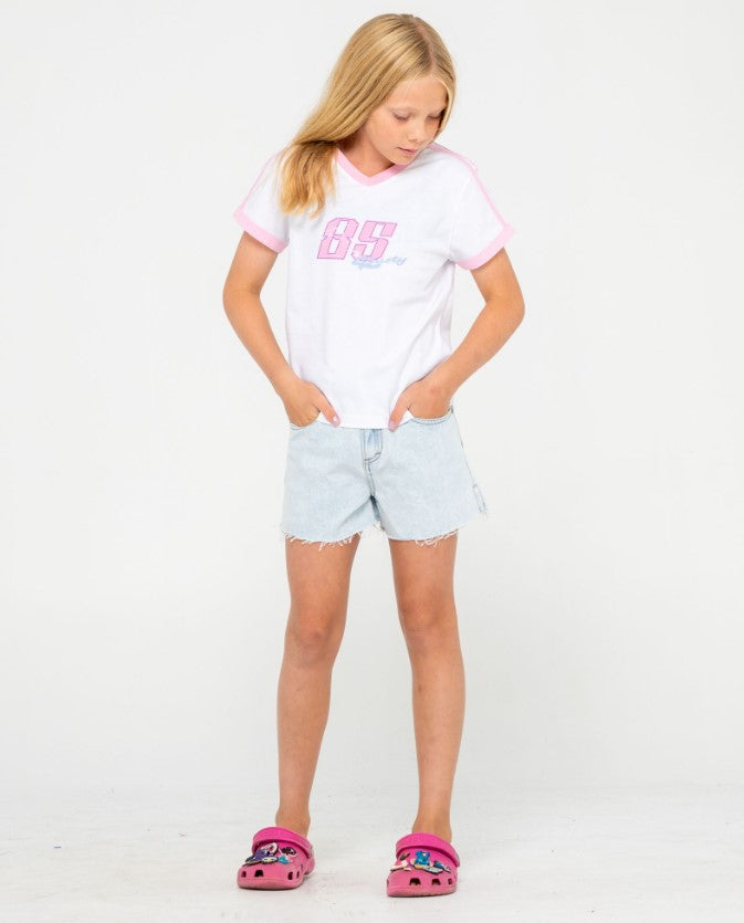 Rusty Penny Kick Flare Girls Denim Shorts in sky blue heather on model in white t-shirt from the front