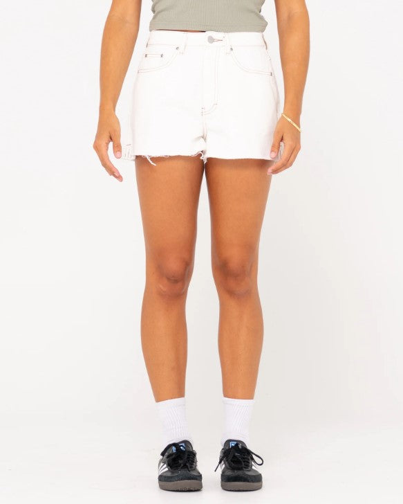 Rusty Penny Kick Flare High-Waist Denim Shorts in white colourway from front