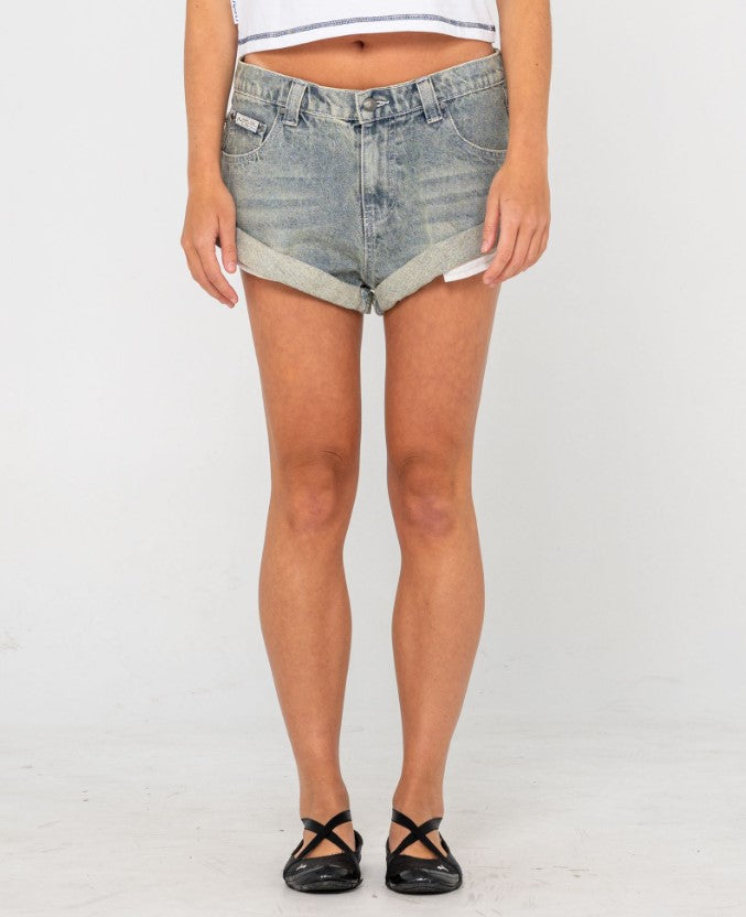 Rusty Phoenix Low Rise Denim Mini Shorts in dirty dawg colourway from front close up