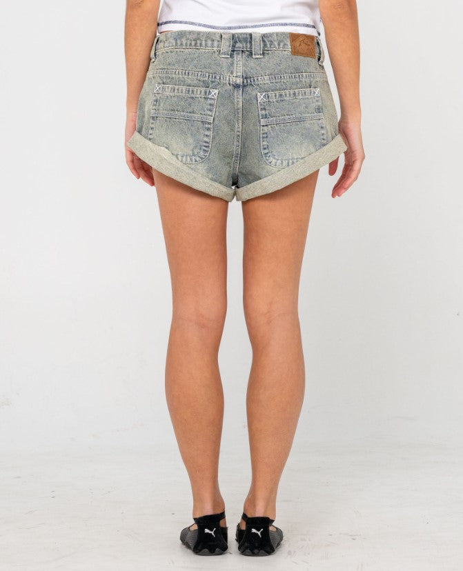 Rusty Phoenix Low Rise Denim Mini Shorts in dirty dawg colourway from rear close up