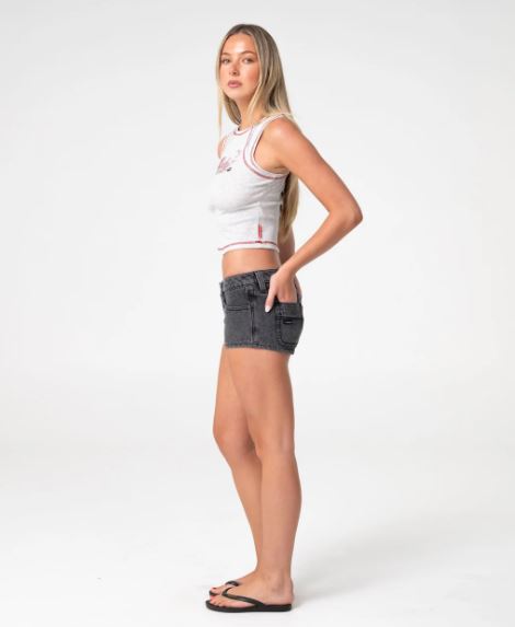 Rusty Punch Low Rise Micro Mini Denim Shorts in washed black from the side