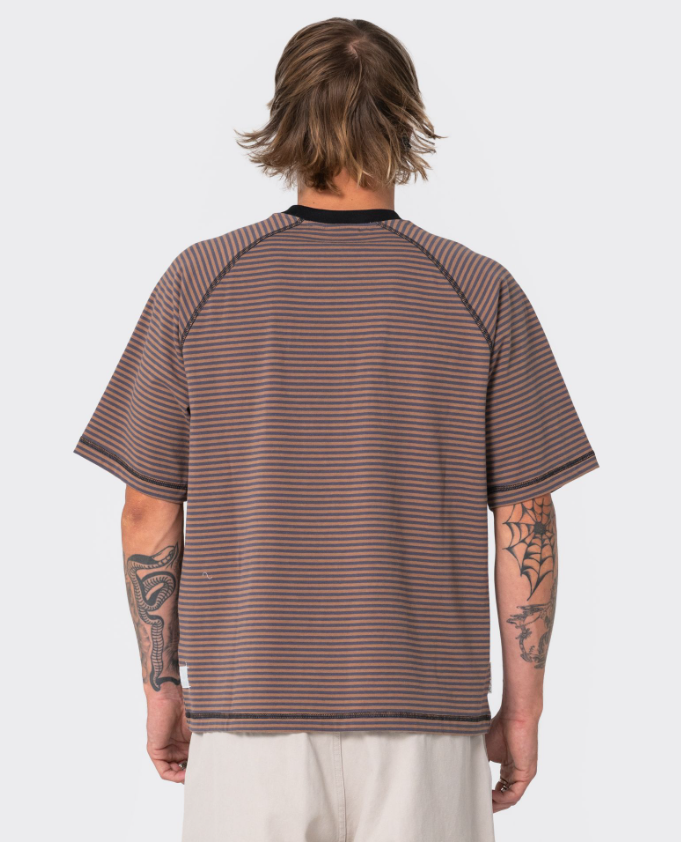 Rusty Riddle Me This Men's T-Shirt in pinecone colourway on model from the back