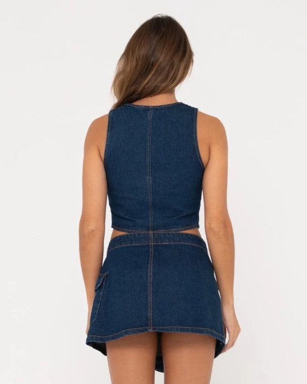 Rusty Ryley Cropped Button Down Denim Vest in deep blue on model from rear