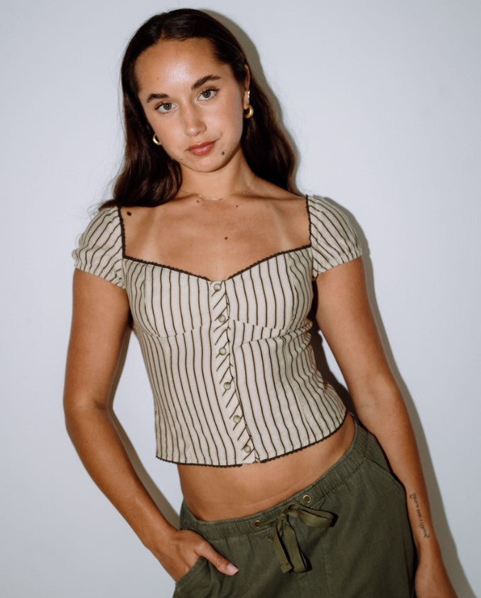 Rusty Sandy Button Up Womens Top in stripe from front on model
