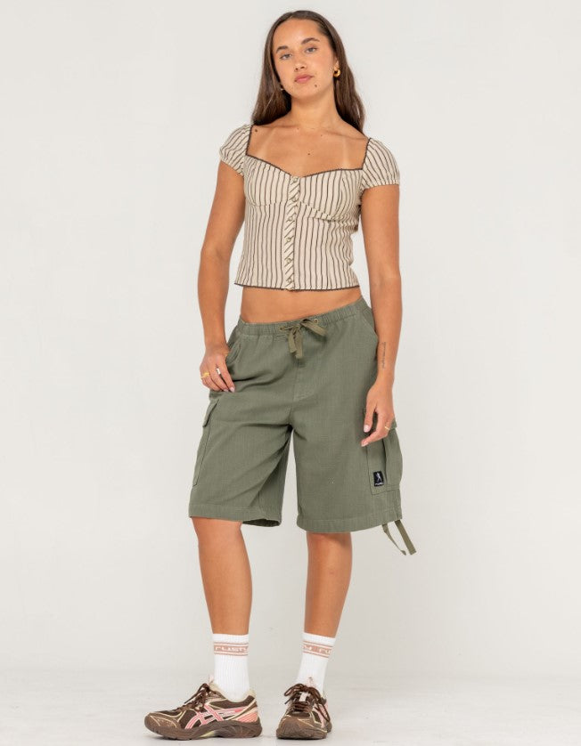 Rusty Sandy Button Up Womens Top in stripe on model wearing green cargo shorts