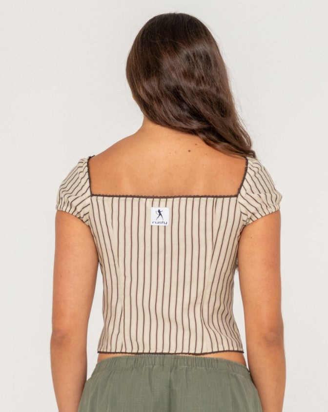 Rusty Sandy Button Up Womens Top in stripe from rear