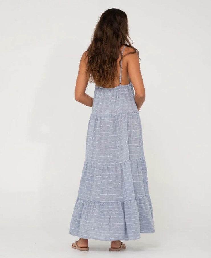 Rusty Siena Maxi Dress in antarctic blue stripe on model