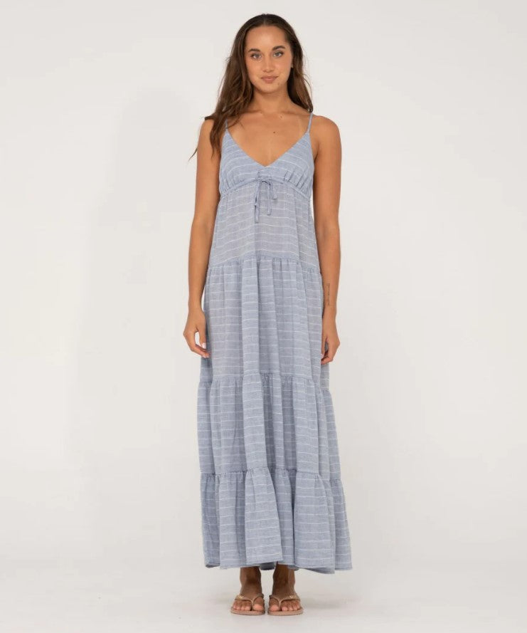 Rusty Siena Maxi Dress in blue stripe on model