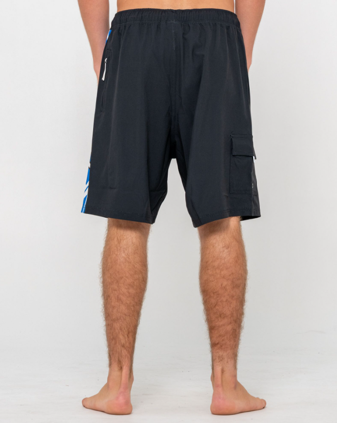 Rusty Spitfire Hybrid Waist 21" Boardshorts in black with blue detailing from rear