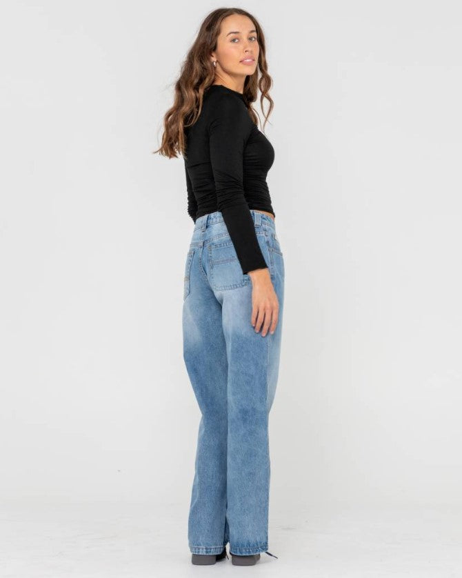 Rusty Suzy Straight Low Rise Jeans in blasted middy blue from rear