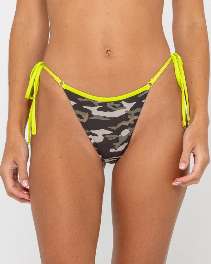 Rusty Tank Girl Multiway Top with Cheeky bottom Bikini set in camo with yellow trim showing pant from front