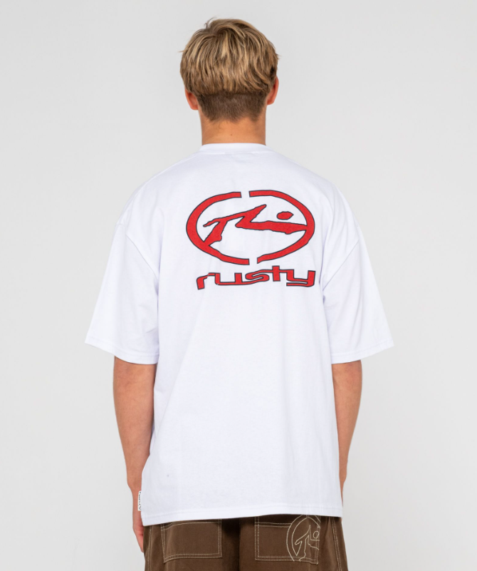 Rusty Turbo Men's T-Shirt in white on model wearing dark jeans from in white from rear