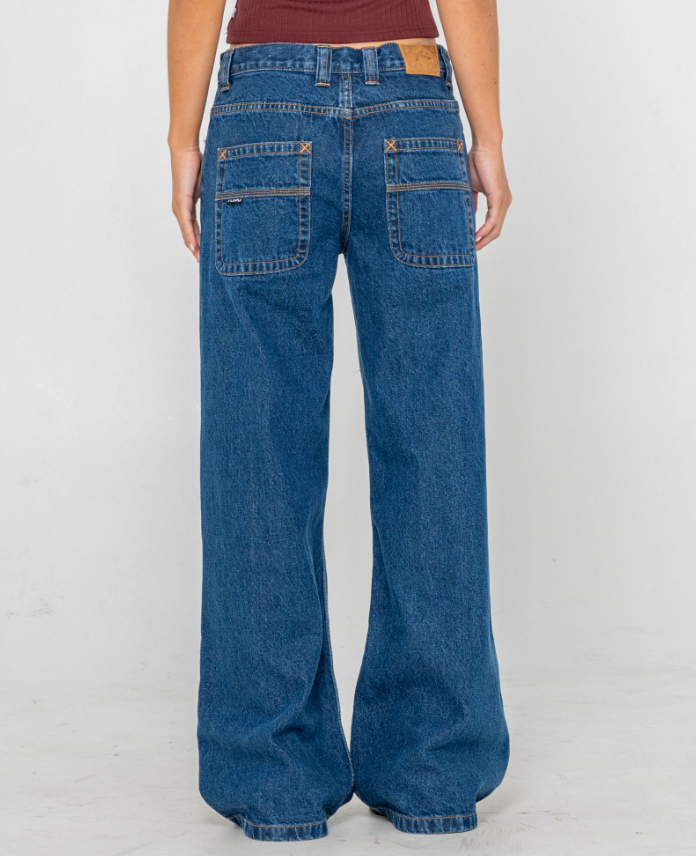 Rusty Wendy Low Rise Wide Women's Denim Jeans in deep sea blue from rear close up