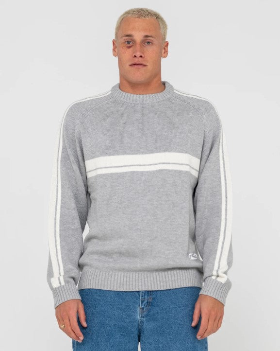 Rusty White Lines 2.0 Knitted Crew in grey marle colourway
