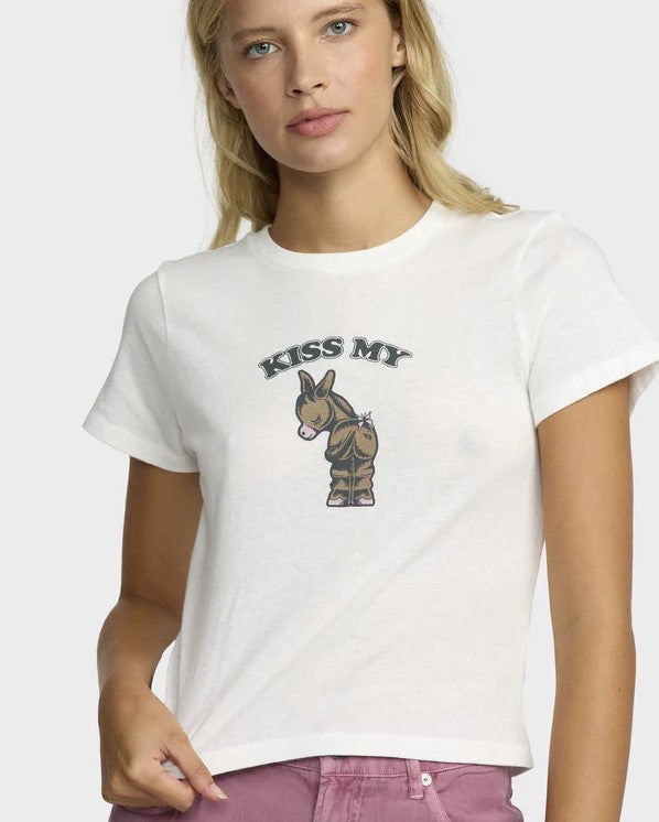 RVCA 411 Women's Tee in off white close up from front