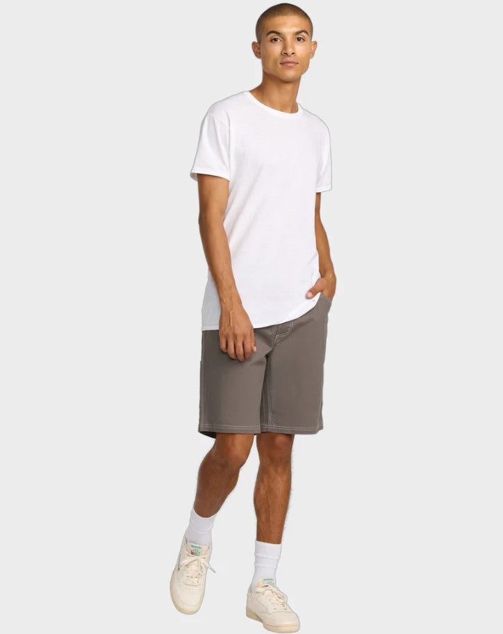 RVCA Americana 20" Carpenter Shorts in mushroom colourway on model from front wearing white tee with white background