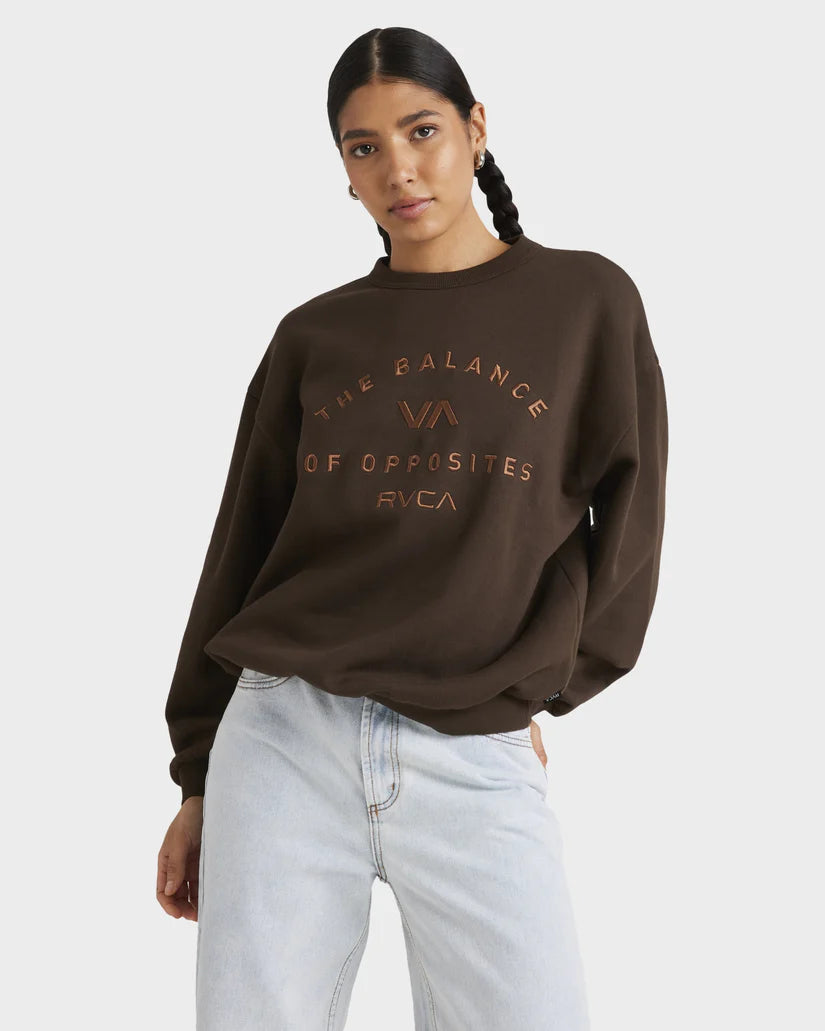 RVCA Bold Vintage Crew in colour chocolate on model front veiw