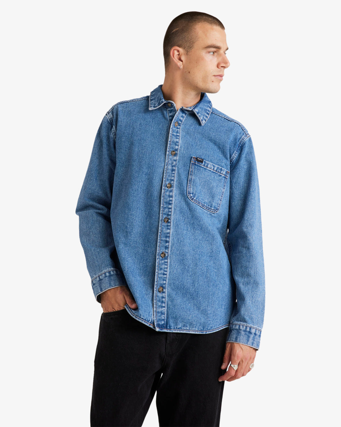 RVCA Classic Denim L/S Shirt in colour vintage blue on model front veiw