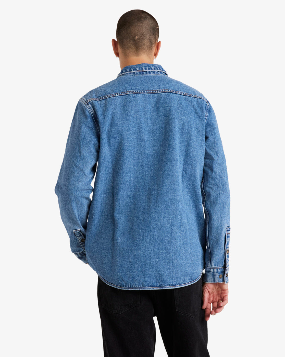 RVCA Classic Denim L/S Shirt in colour vintage blue on model back veiw