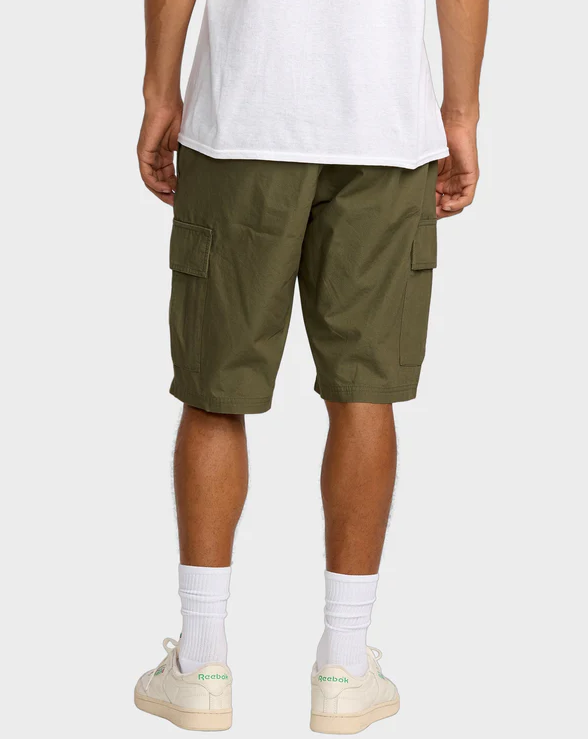 RVCA Dayshift Cargo Shorts in fatigue colourway rear close up