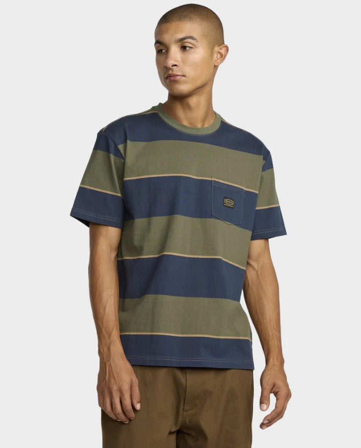 RVCA Dayshift Stripe Tee in green and blue from front close up