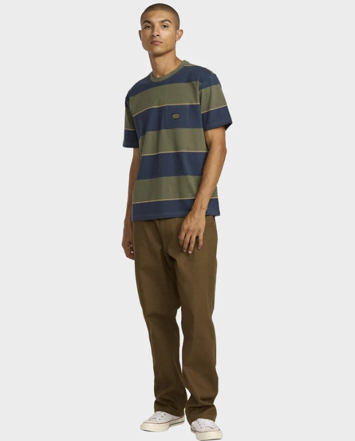 RVCA Dayshift Stripe Tee in green and blue on a model wearing khaki trousers