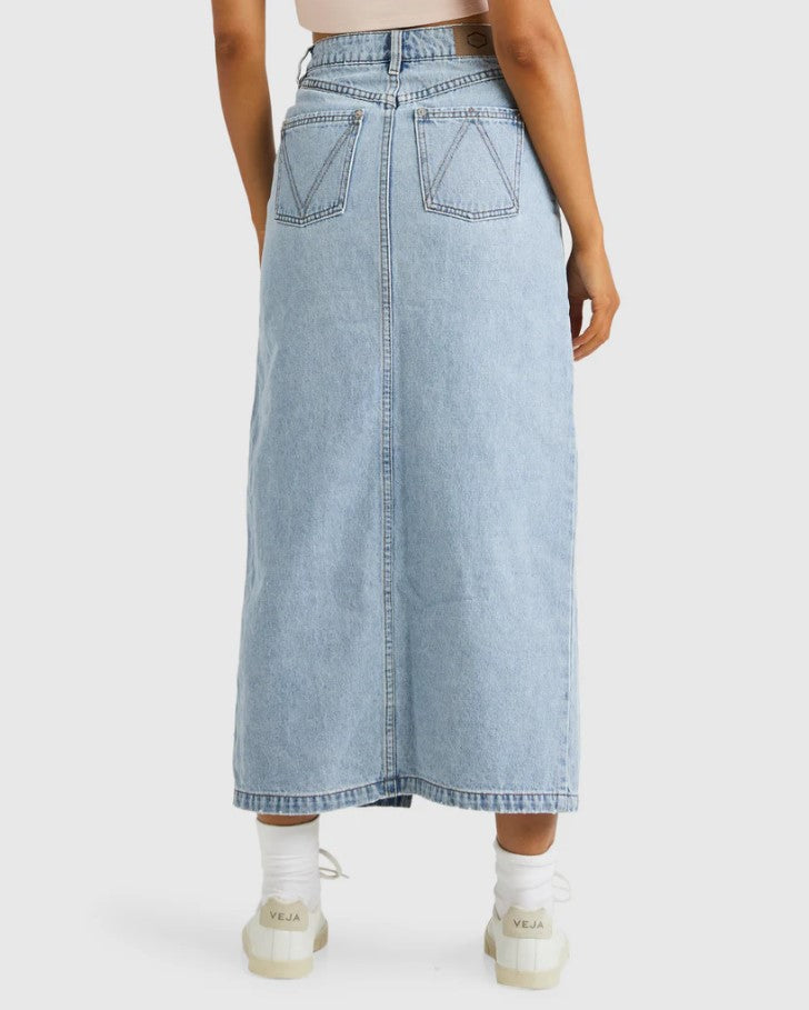 RVCA Denim Midi Skirt in vintage blue colour from rear