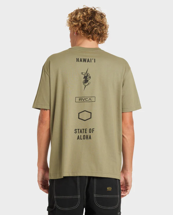 RVCA Hawaii Squadron Tee in army colour from rear