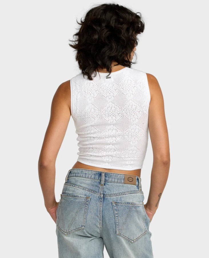 RVCA Womens Shiver Tank in whisper white on model wearing blue jeans from the back
