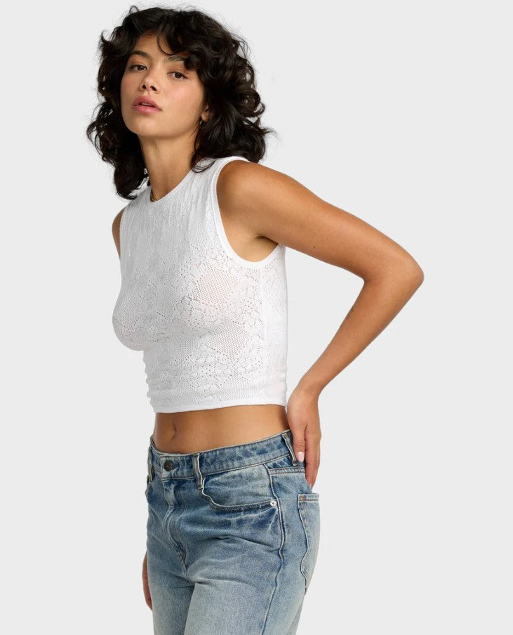 RVCA Womens Shiver Tank in whisper white on model wearing blue jeans from the side