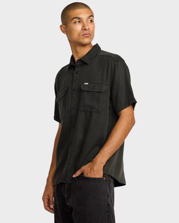 RVCA Vacancy Utility Short Sleeve Shirt in black on model from front and side view