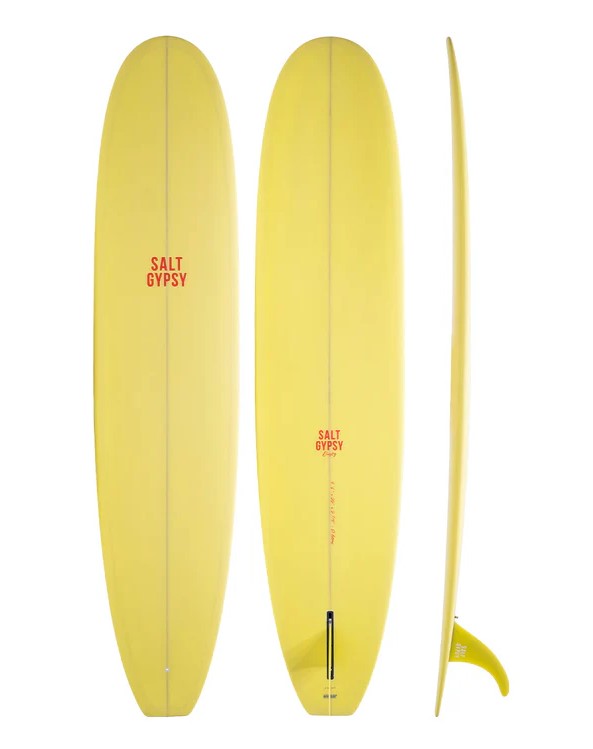 SALT GYPSY 9'0 DUSTY RETRO PU LONGBOARD in lemonade colourway showing deck, bottom and side views