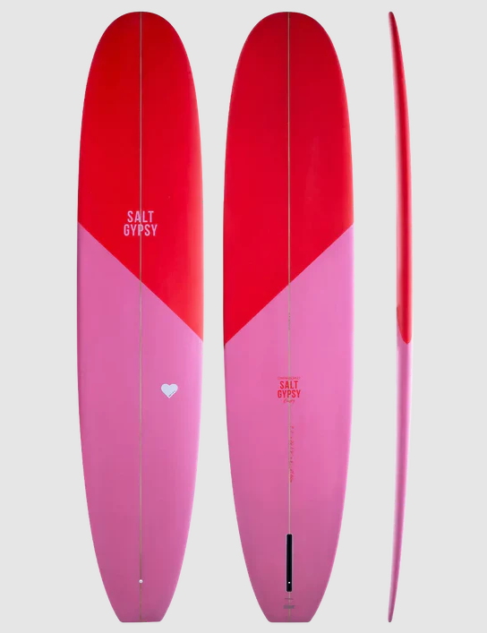 Salt Gypsy 9'0 Cynthia Rowley x SG Dusty PU Longboard in pink and red colourway showing the deck, bottom and rail views