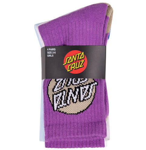 Santa Cruz Other Dot Girls 4 Pack Crew Socks (Sizes 2-8) in blue aura, purple and white in the packet