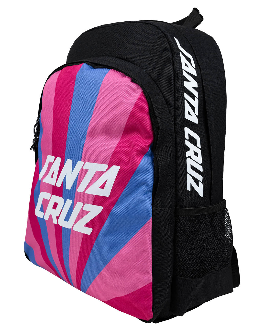 Santa Cruz Delta Rays Backpack with lue pink and light pink stripes on front pocket of bag with front zip,back zip and bottle holders